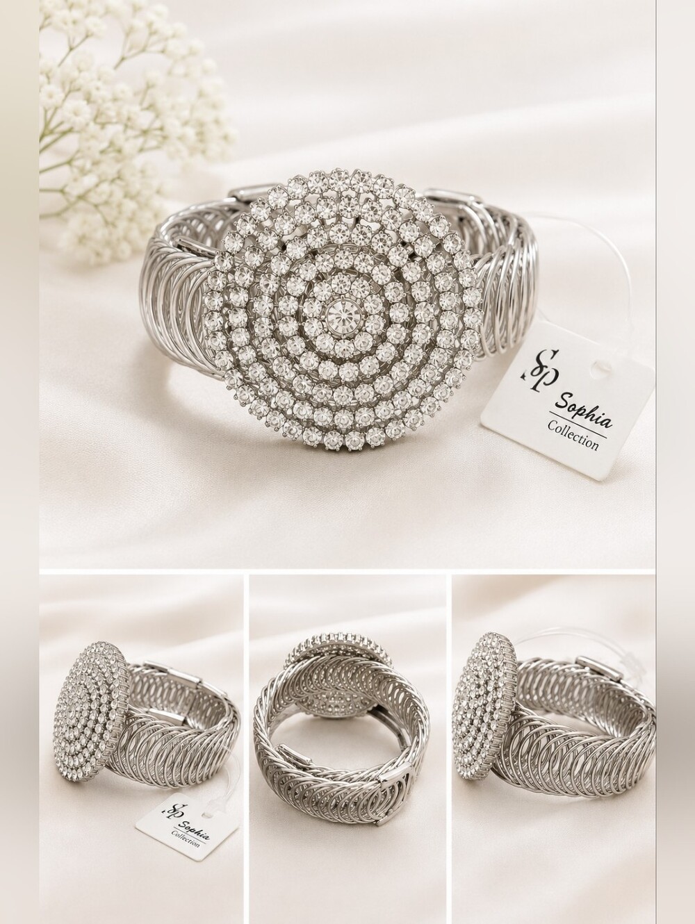 ✨ Silver Rhinestone Statement Cuff Bracelet | Sparkly Stretch Costume Jewelry